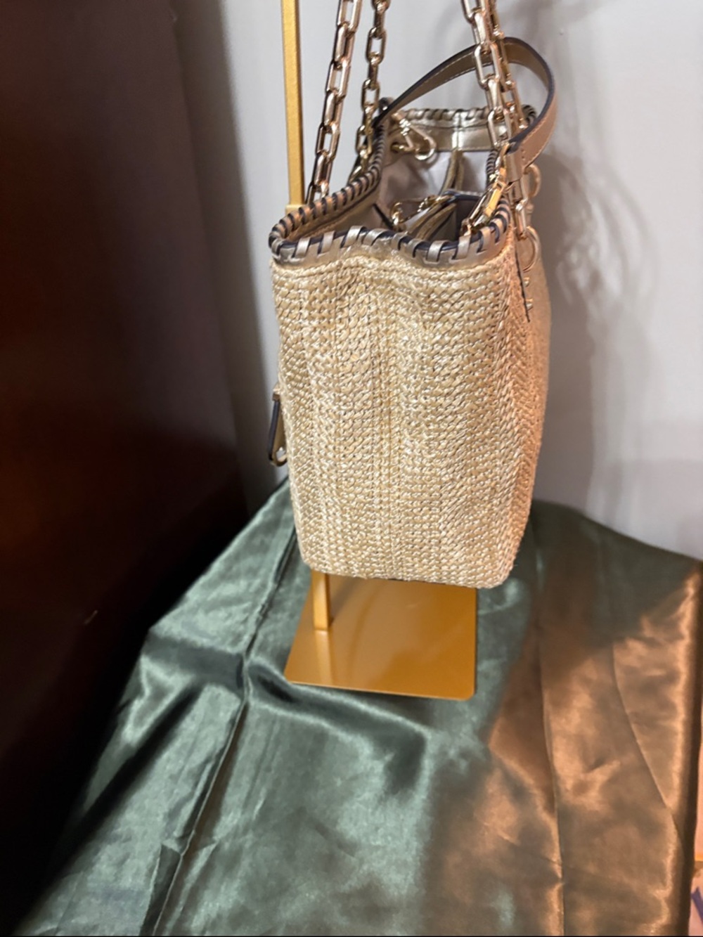 Michael Kors Rosalie Straw Tote with Gold Metallic Trim and Chain Handles - Picture 6 of 14
